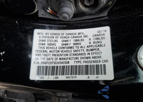 2018 Honda Civic Lx from USA, damaged, VIN 2HGFC2F50JH543508